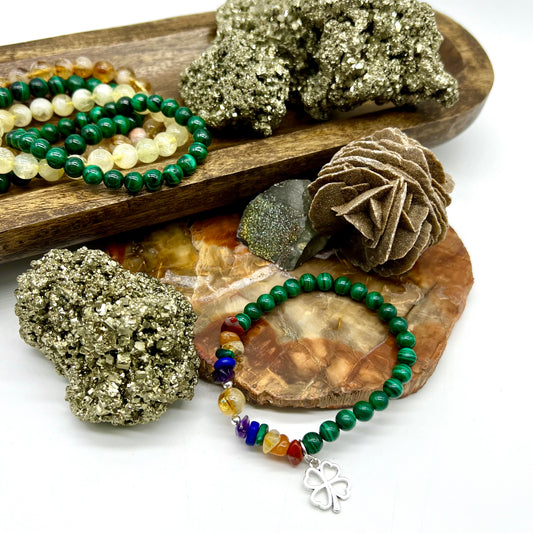 Malachite / Citrine Shamrock Bracelet - Protection, Balance, Trauma, Creativity