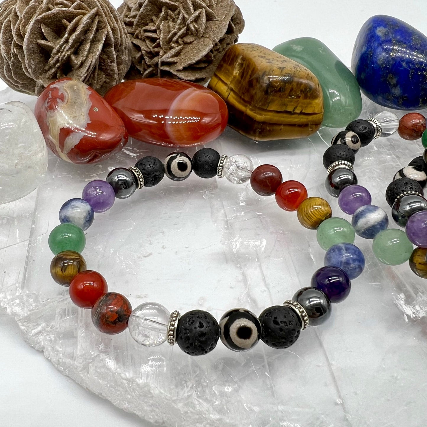 7 Chakra Crystal Bracelet with Evil Eye Agate & Lava Stone - Balance, Harmony, Focus, Cleansing, Fertility, Courage
