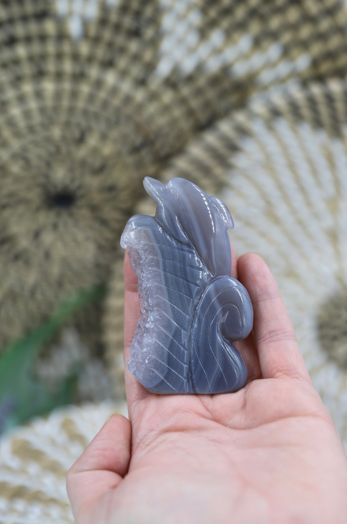 Druzy Agate Dolphin Carving-repaired
