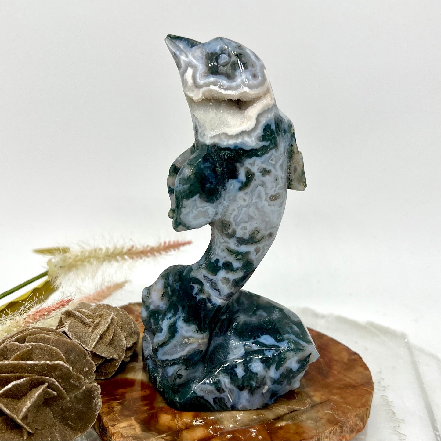 Moss Agate Druzy Dolphine Carving Large