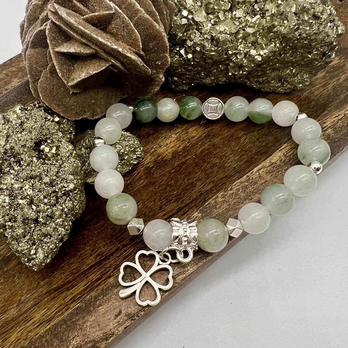 Green Tea Jade or Green Agate Shamrock Bracelet - Love, Compassion, Generosity, Calm, Abundance, Dreams, Joy, Protection
