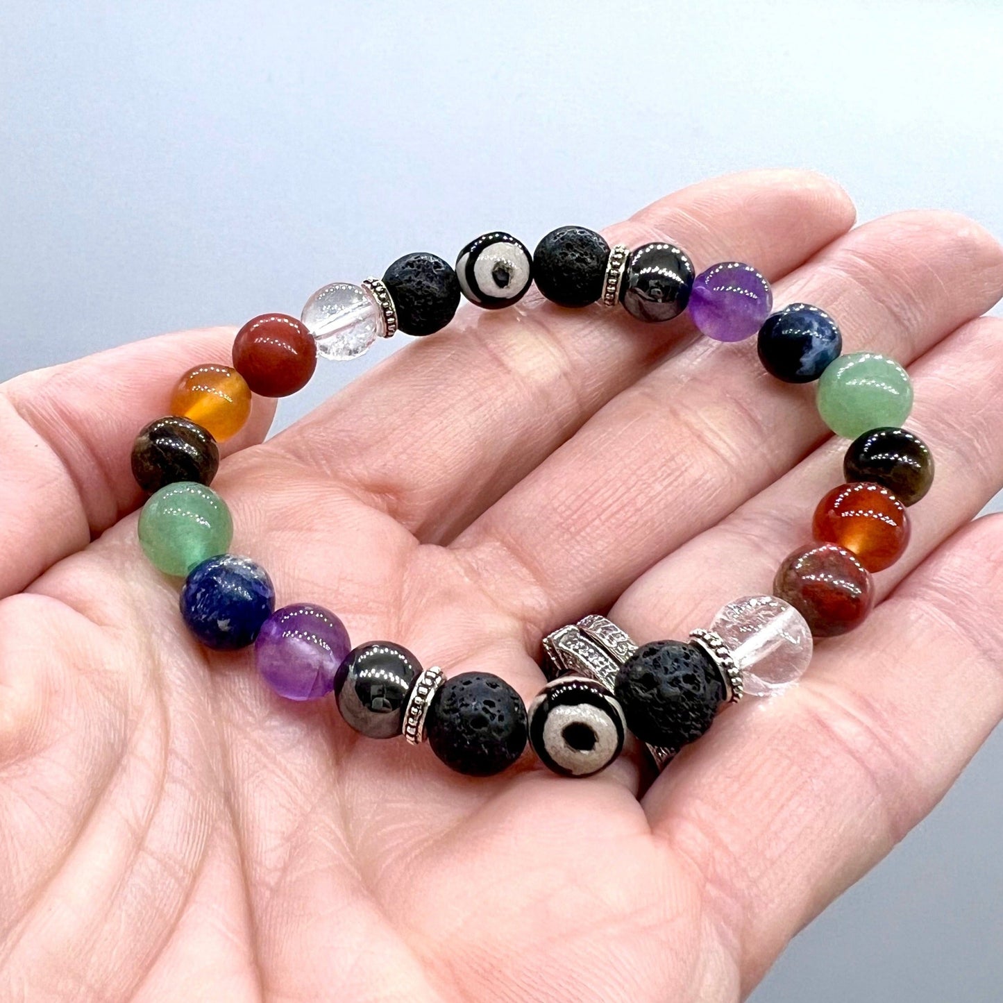 7 Chakra Crystal Bracelet with Evil Eye Agate & Lava Stone - Balance, Harmony, Focus, Cleansing, Fertility, Courage