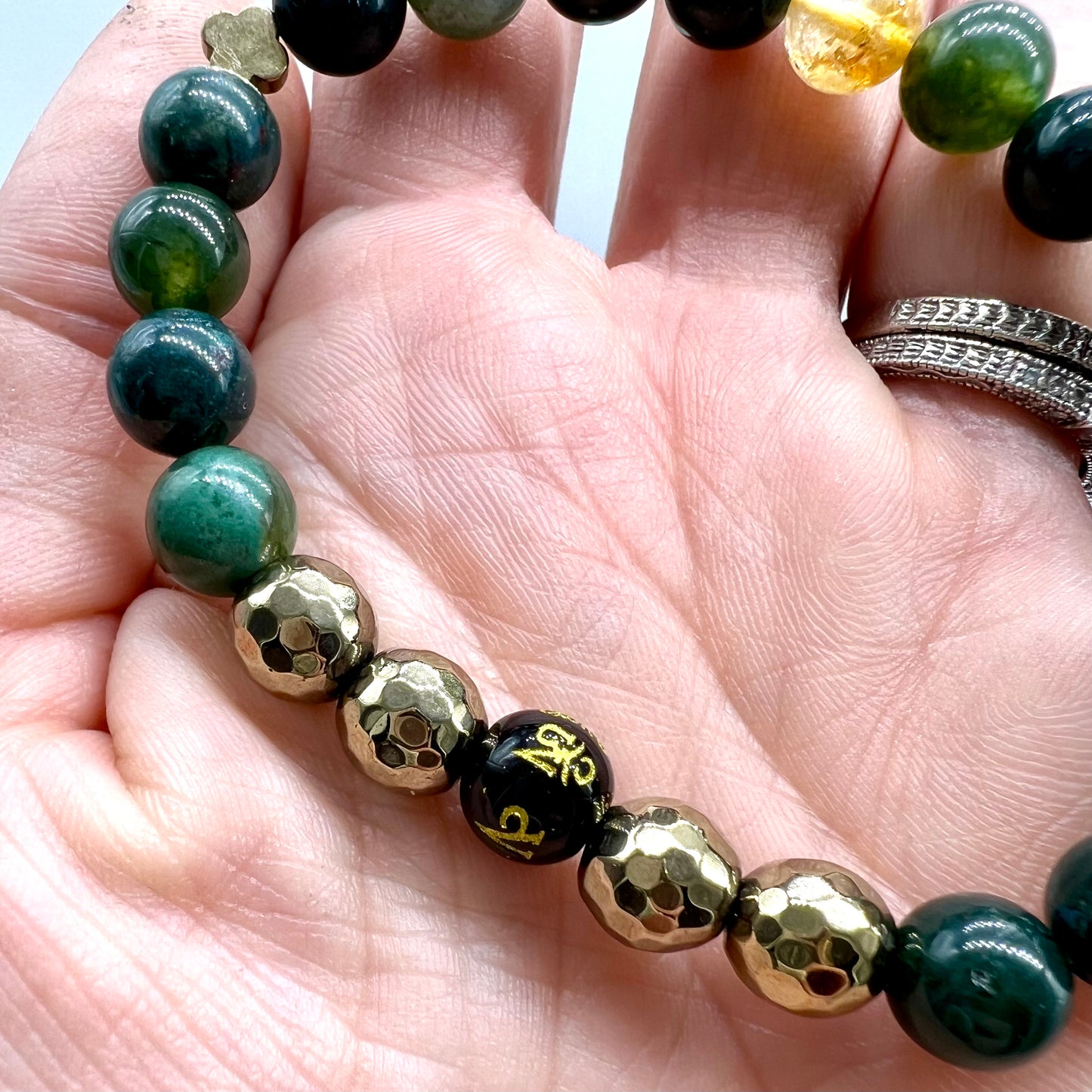 Moss Agate/Pyrite/Citrine Onyx Mantra Bracelet - EMF Blocker, Success, Prosperity, Abundance, Wealth, Money