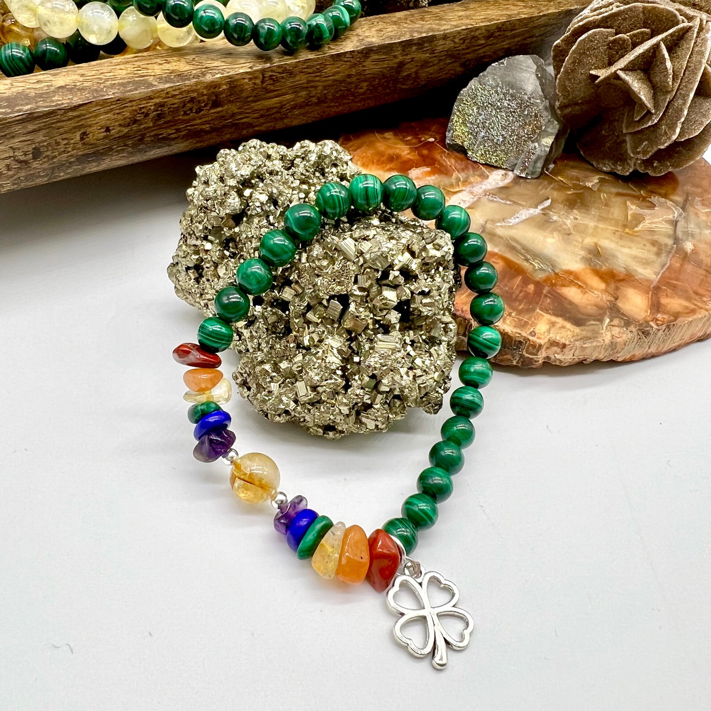 Malachite / Citrine Shamrock Bracelet - Protection, Balance, Trauma, Creativity