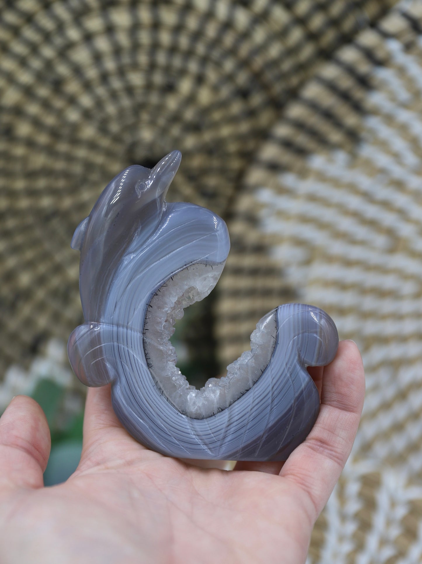 Druzy Agate Dolphin Carving with dendritic