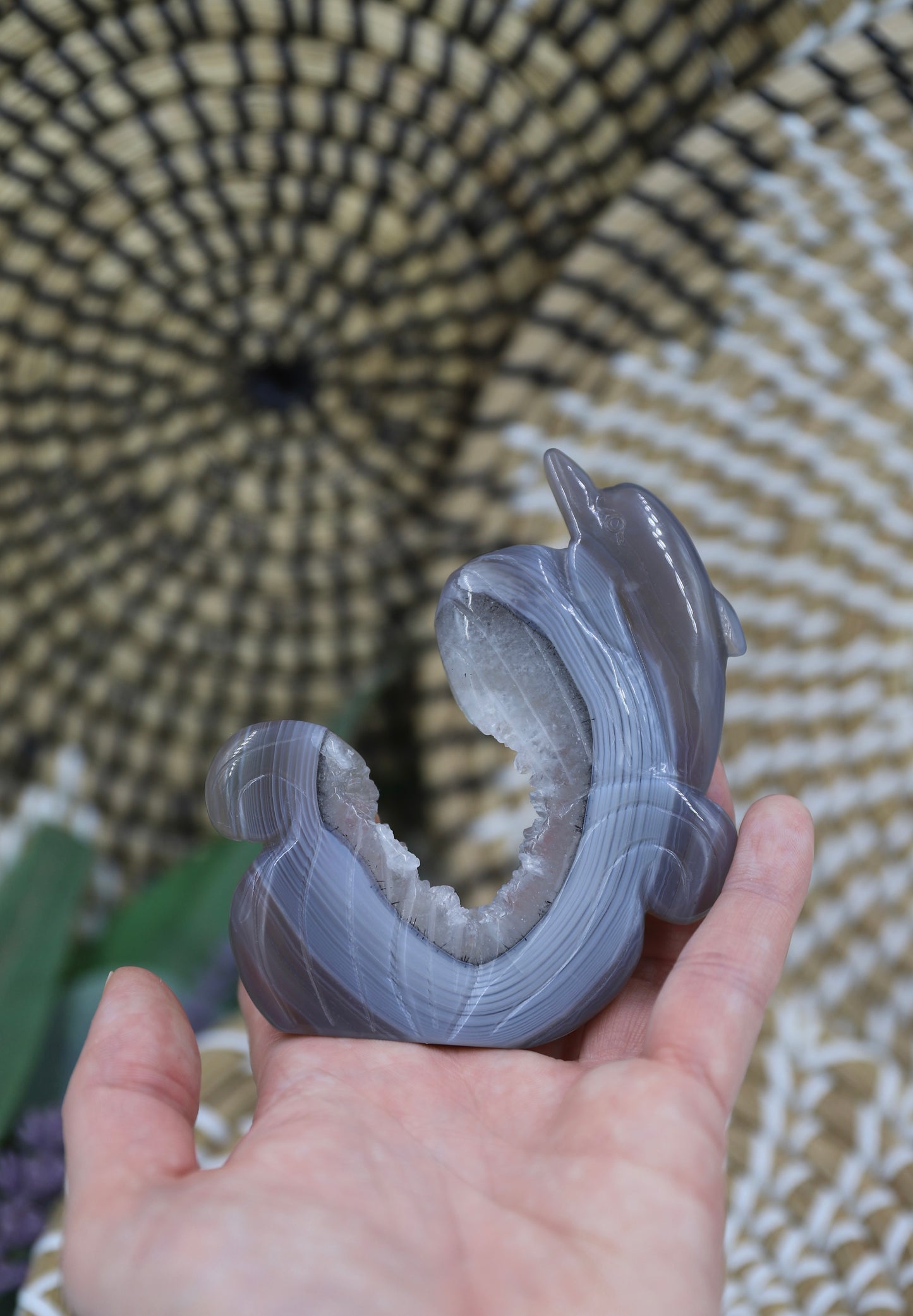 Druzy Agate Dolphin Carving with dendritic