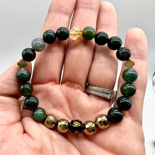 Moss Agate/Pyrite/Citrine Onyx Mantra Bracelet - EMF Blocker, Success, Prosperity, Abundance, Wealth, Money