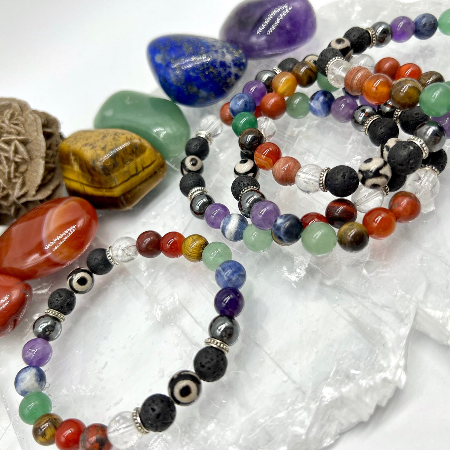 7 Chakra Crystal Bracelet with Evil Eye Agate & Lava Stone - Balance, Harmony, Focus, Cleansing, Fertility, Courage